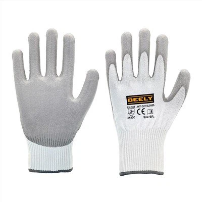 Sarung Tangan Dilapisi PU Abu-abu Level C Tahan Potong Putih